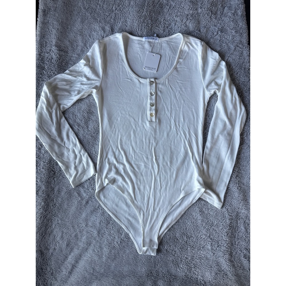 MangoPop Womens White Ribbed Henley Bodysuit Long Sleeve Scoop Neck NWT Size M